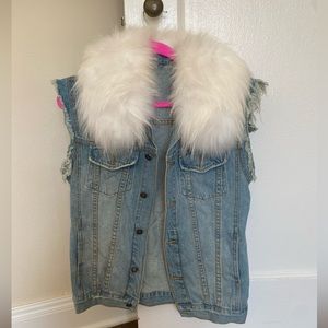 Vintage Denim Vest with Fur Trim